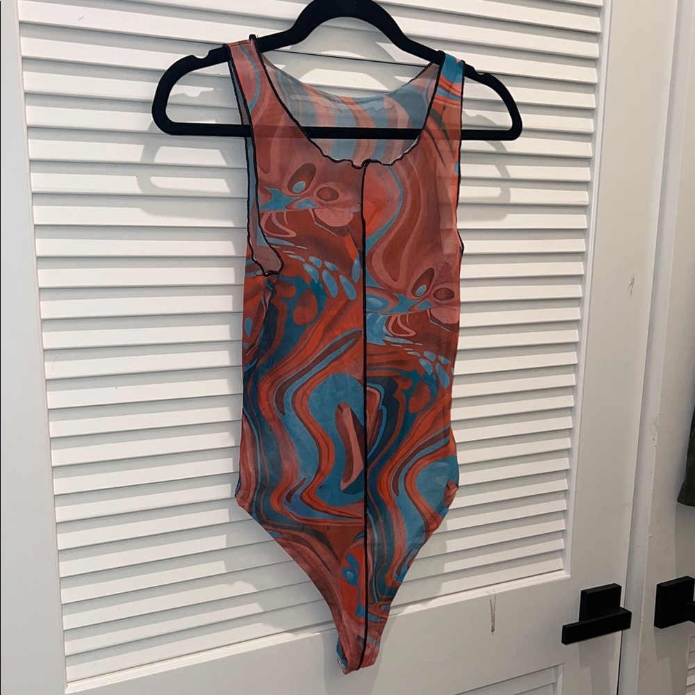 Turquoise and Orange See-through Swirl Pattern Bodysuit